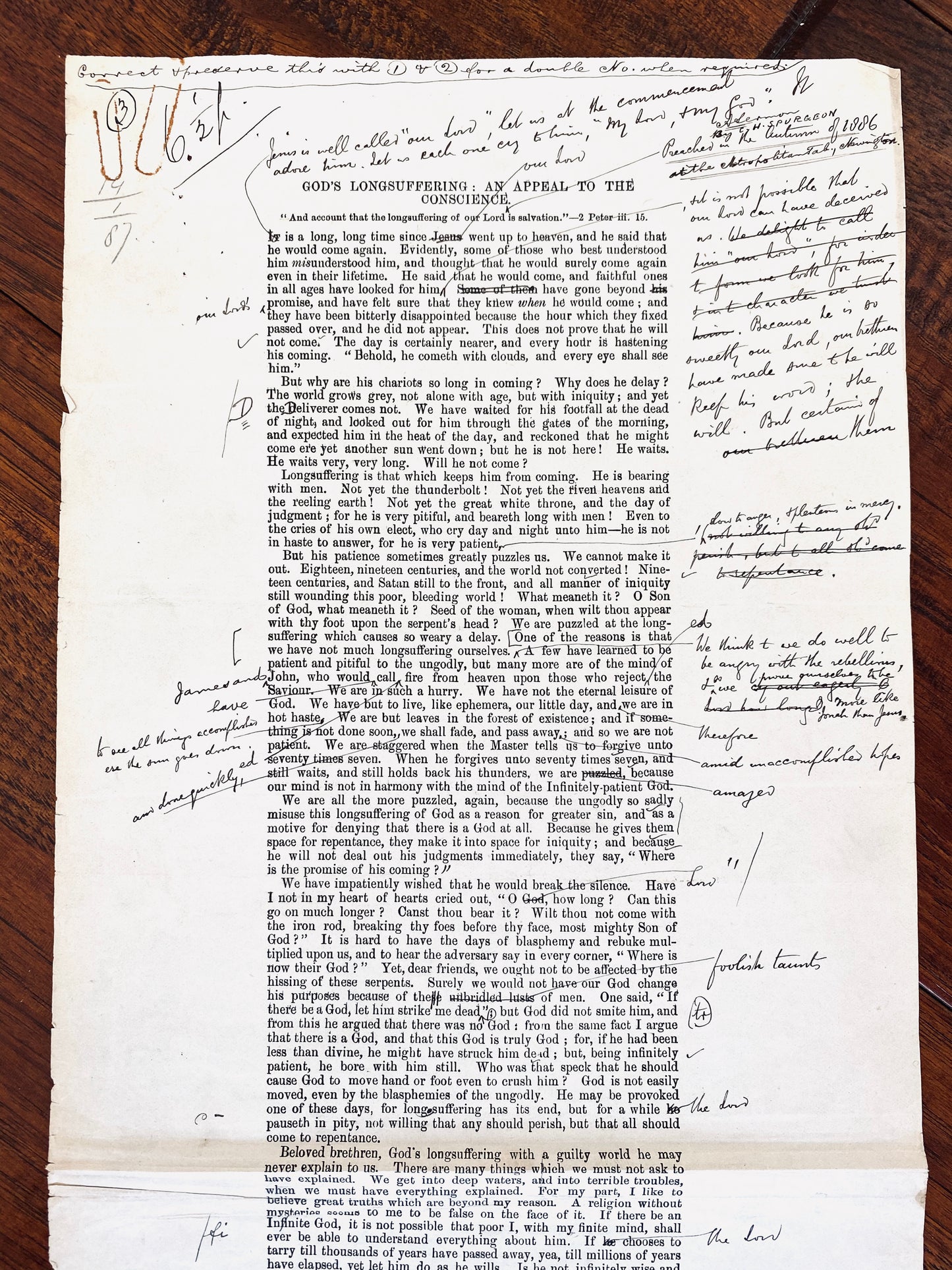 1886 C. H. SPURGEON. Autograph Printer's Galleys. God's Longsuffering: An Appeal to the Conscience.