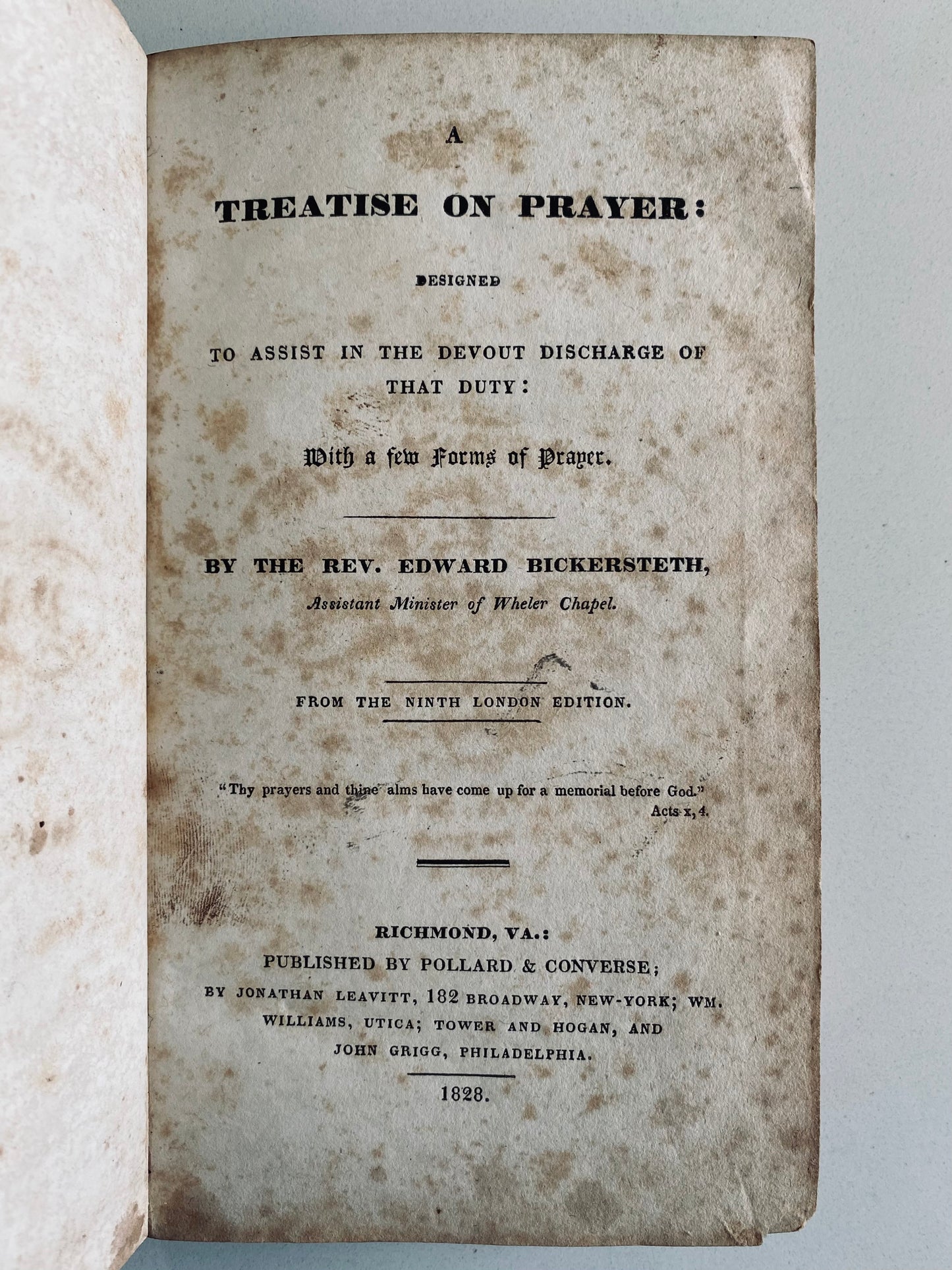 1828 EDWARD BICKERSTETH. A Treatise on Prayer. Superb Work in Full Leather.