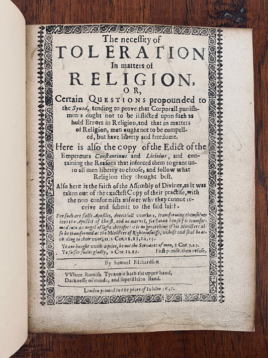 1647 SAMUEL RICHARDSON. Two Rare Baptist Tracts on Religious Liberty. Hanserd Knollys