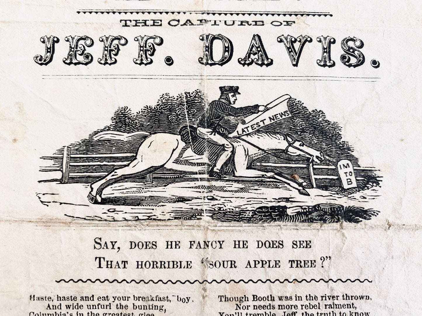 1865 JEFFERSON DAVIS | CIVIL WAR. Scarce Broadside & Satyrical Song on Capture and Hanging of Confederate President