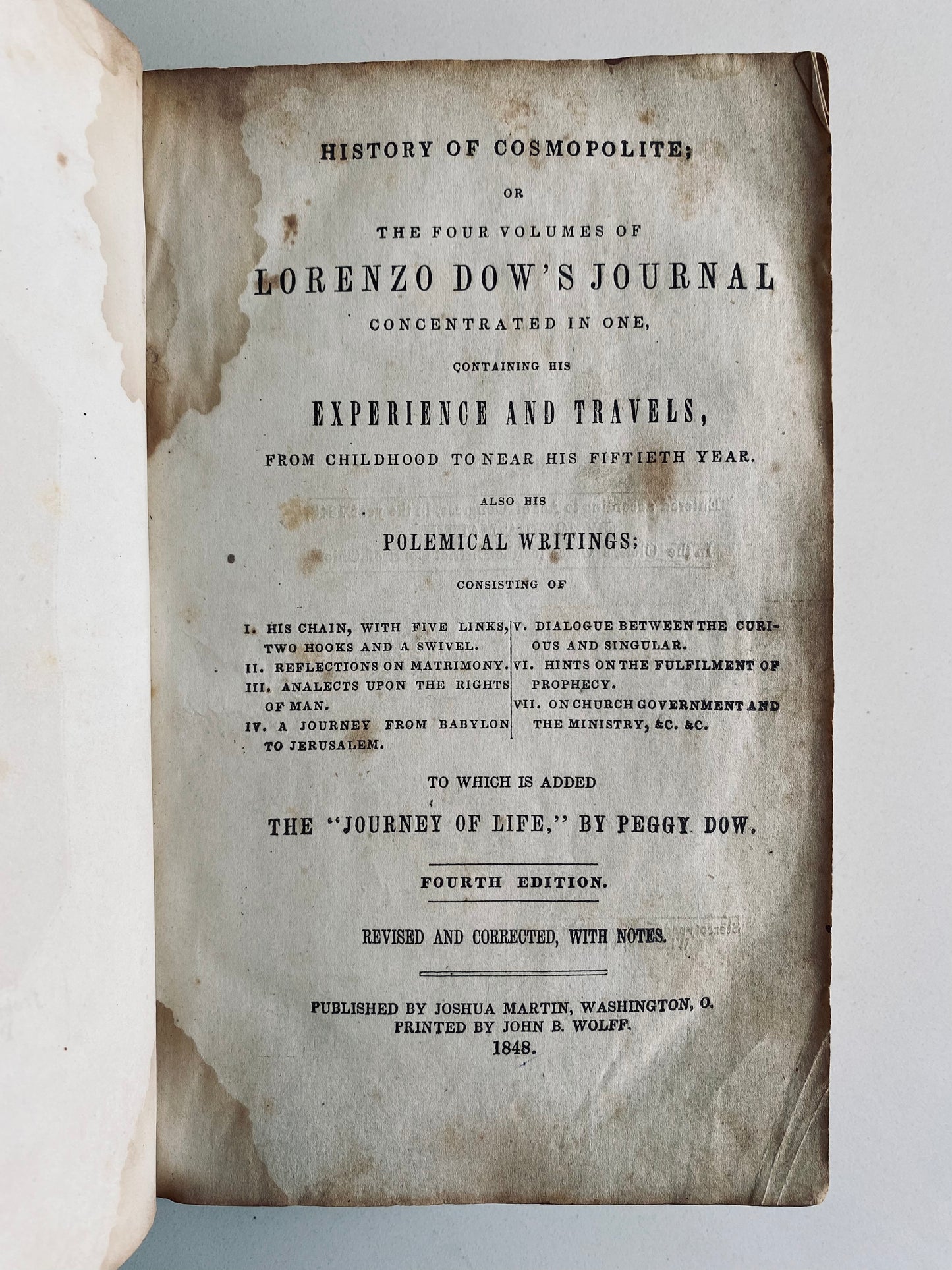 1848 LORENZO DOW. Bio & Writings of Revivalist, Camp-Meeting Preacher. Cane Ridge, Visions, Dreams, &c.