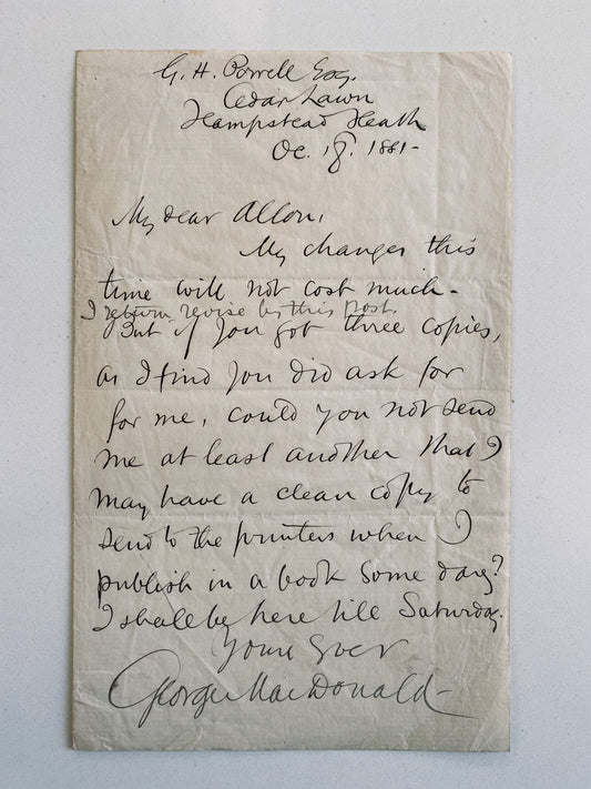 1881 GEORGE MACDONALD. Original Letter re: Revisions to Diary of an Old Soul.