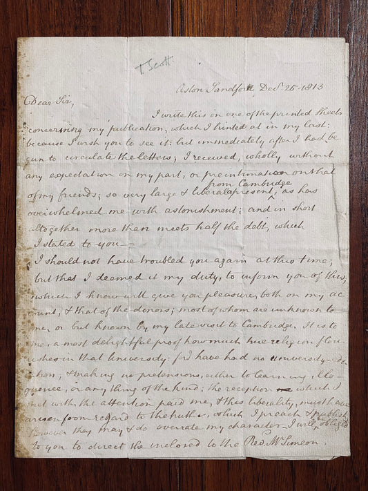 1813 THOMAS SCOTT. Manuscript Letter re: His Published Works - Charles Simeon &c.