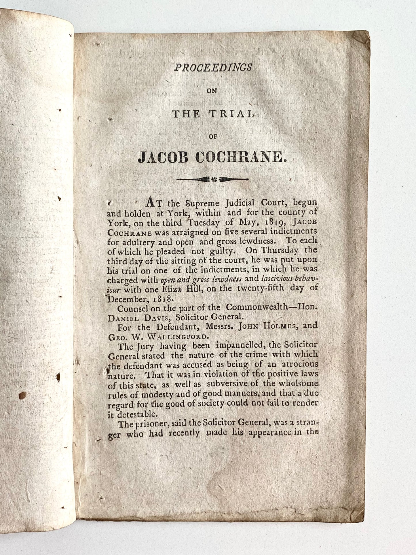 1819 COCHRANE DELUSION. Trial of Radical Baptist Sectarian Accused of Polygamist Teaching & Practice.