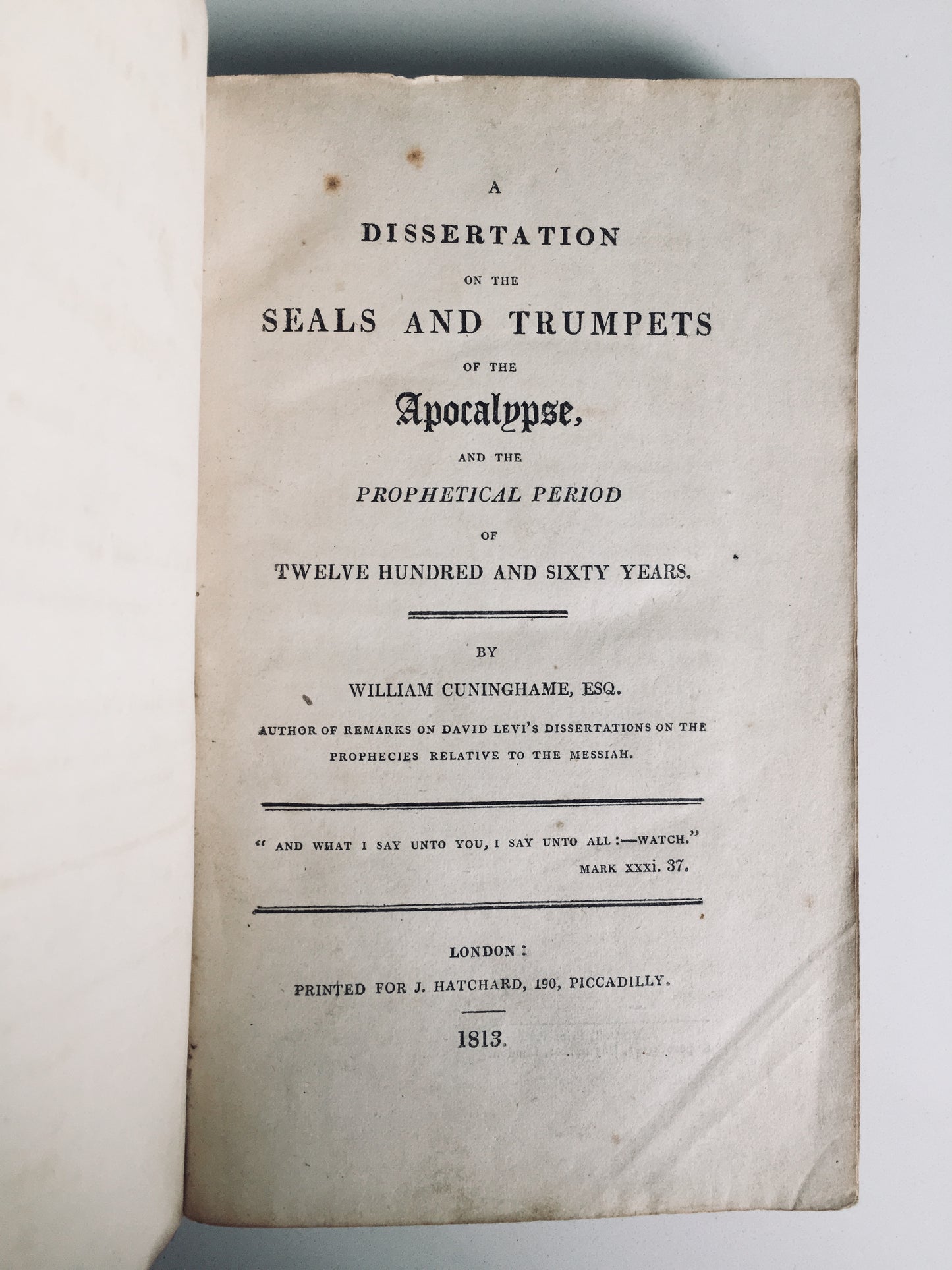 1813 WILLIAM CUNINGHAME. Dissertation on the Apocalypse. 1st Edition Important Premillennial Work