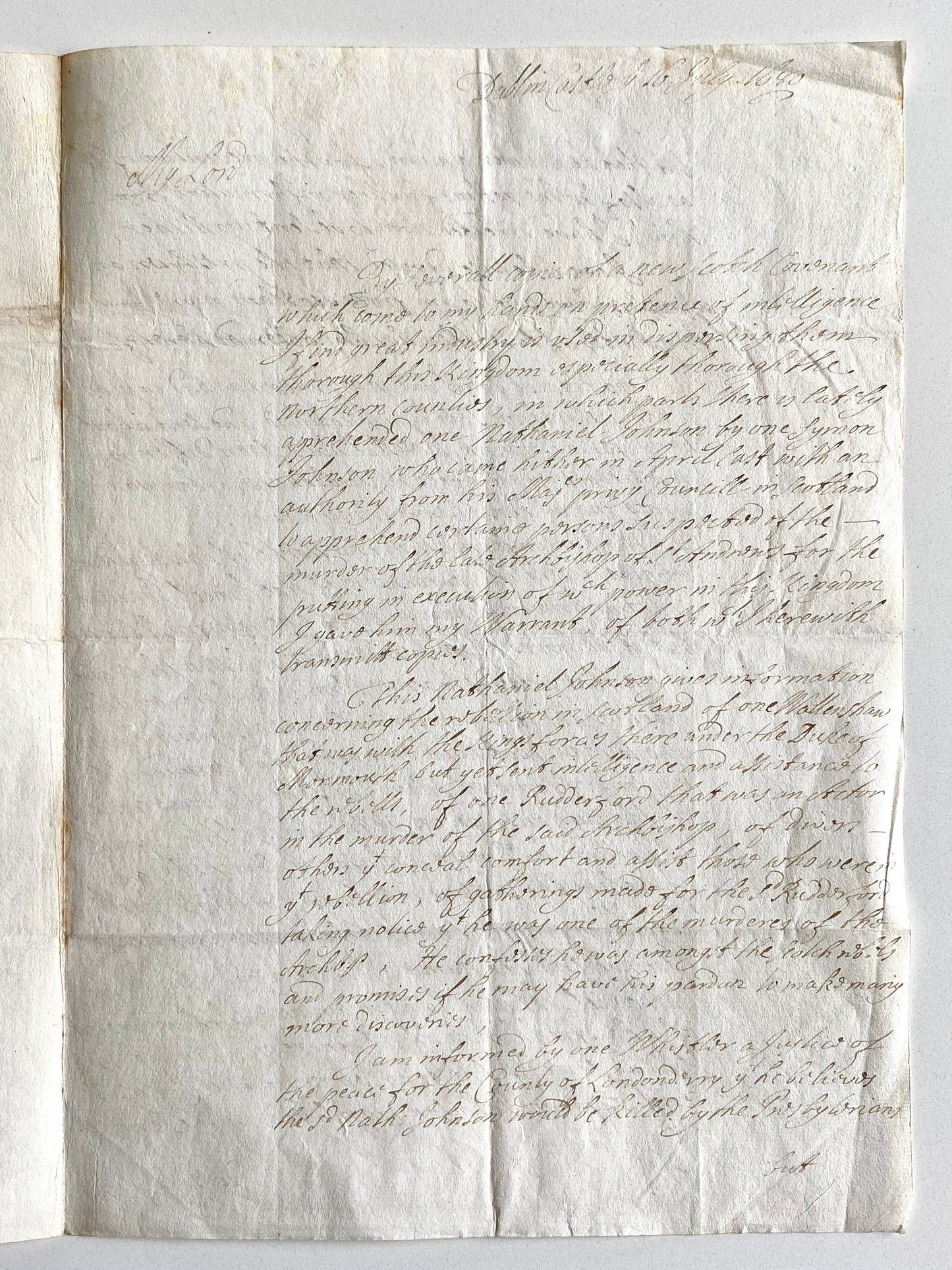 1680 SCOTTISH COVENANTER. Document Related to Presbyterian Assassination of the Archbishop of Saint Andrews.