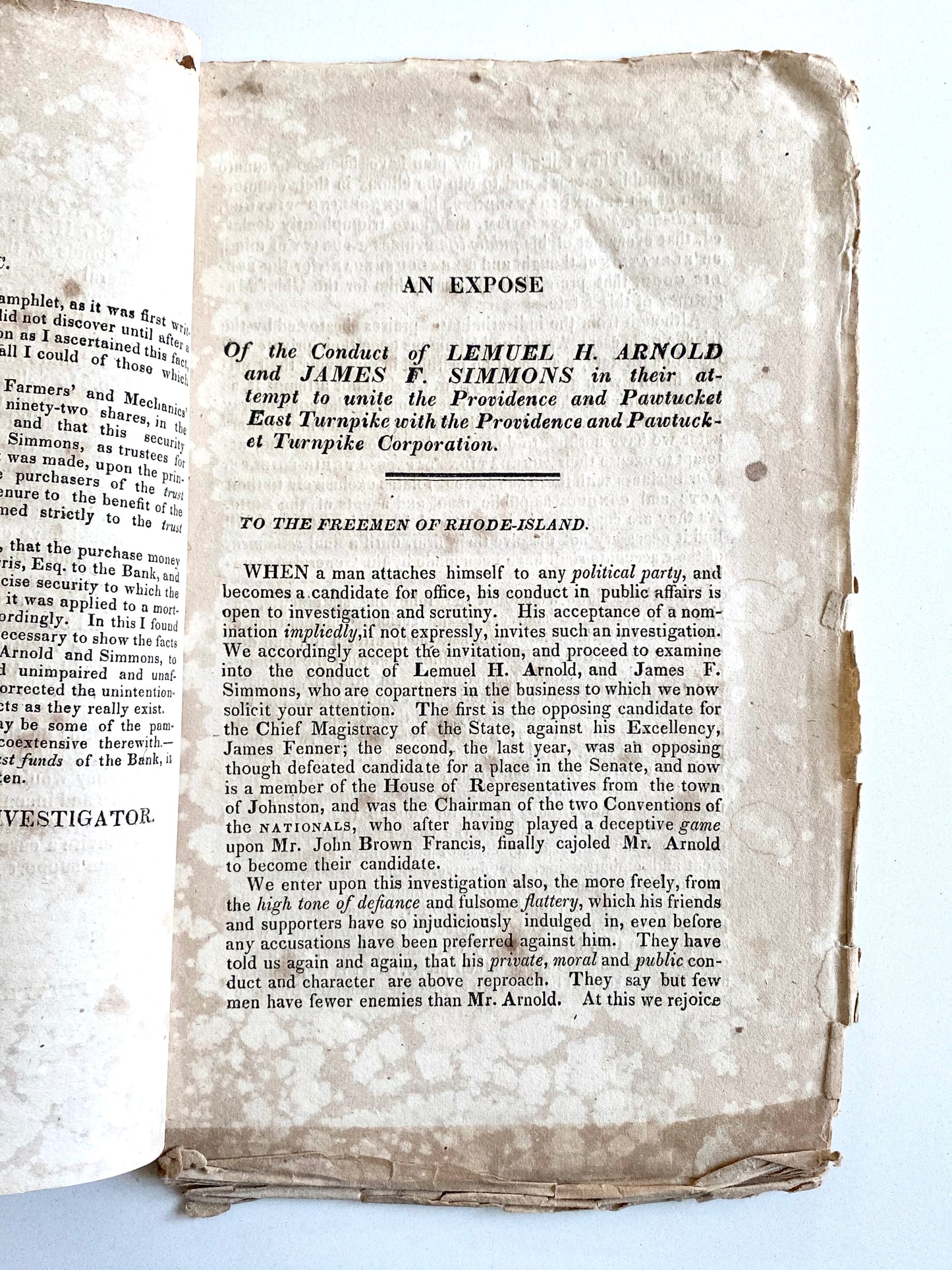 1830 RHODE ISLAND. Rare Pamphlet Accusing Governor Lemuel H. Arnold & Representative Simmons of Insider Trading.