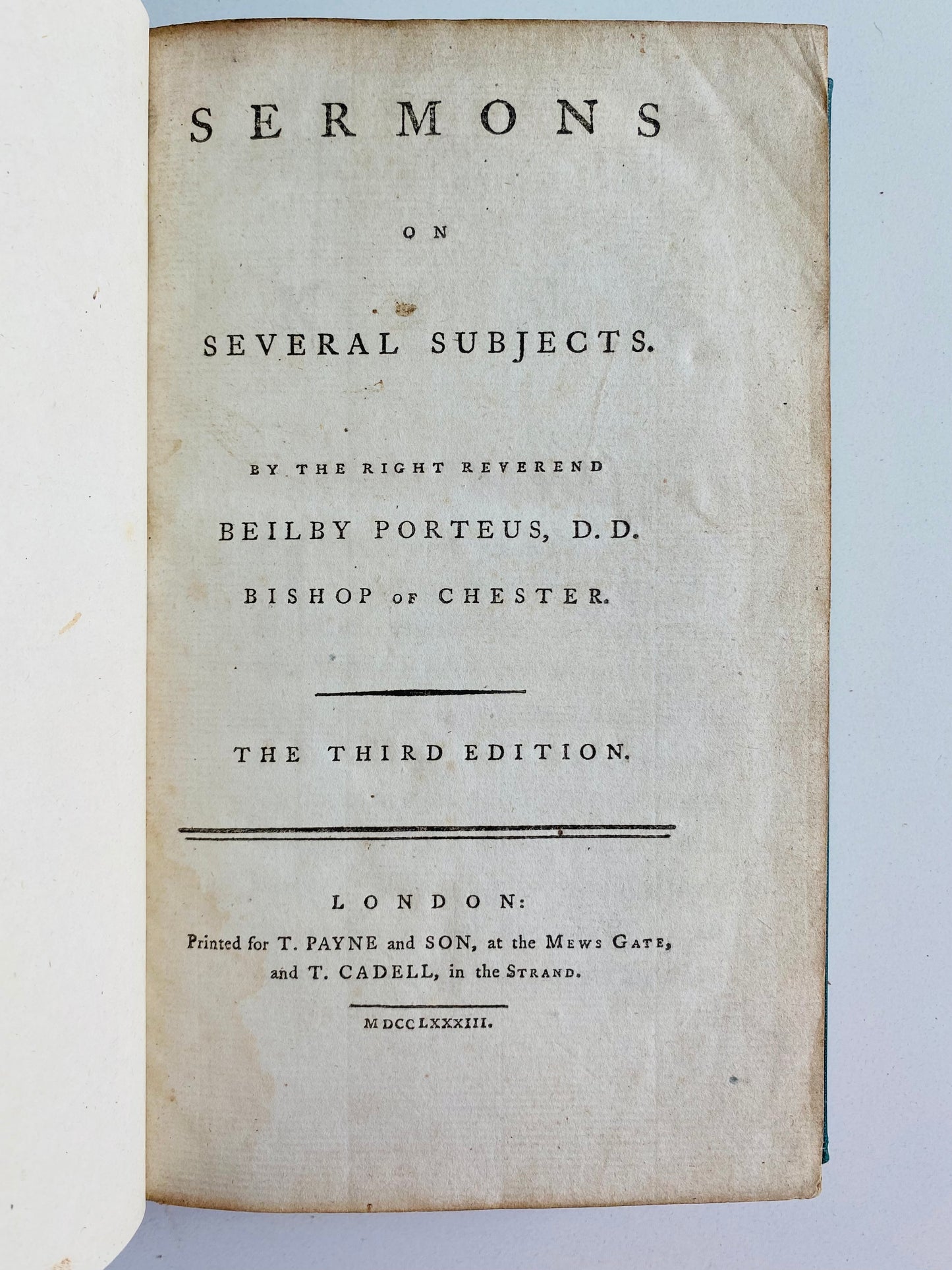 1783 BEILBY PORTEUS. Sermons by Important Abolitionist on Power of the Gospel, Doctrine of Hell, etc.