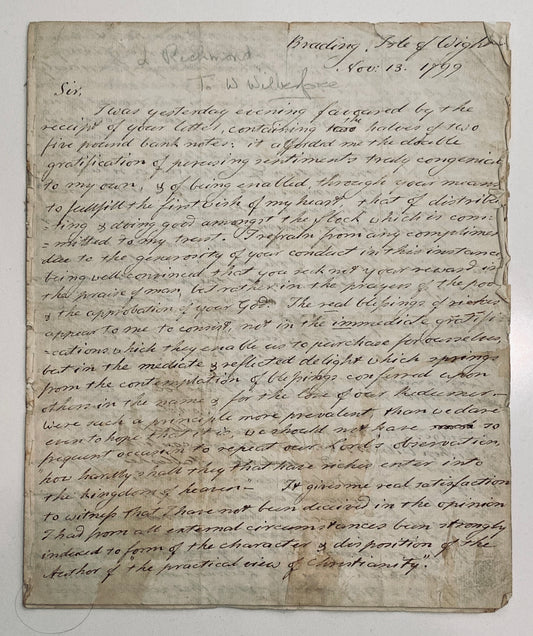 1799 WILLIAM WILBERFORCE. Important 7.5pp Letter from Leigh Richmond to William Wilberforce!