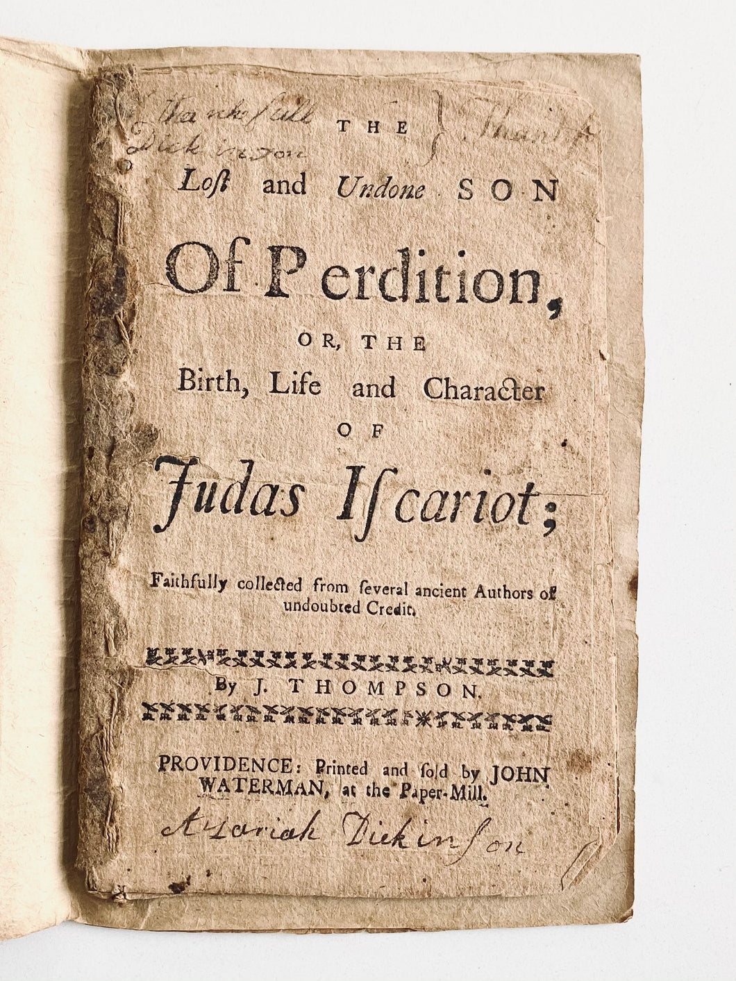 1769 JOHN THOMPSON. Judas Iscariot. The Lost and Undone Son of Perdition. Rare Rhode Island Imprint