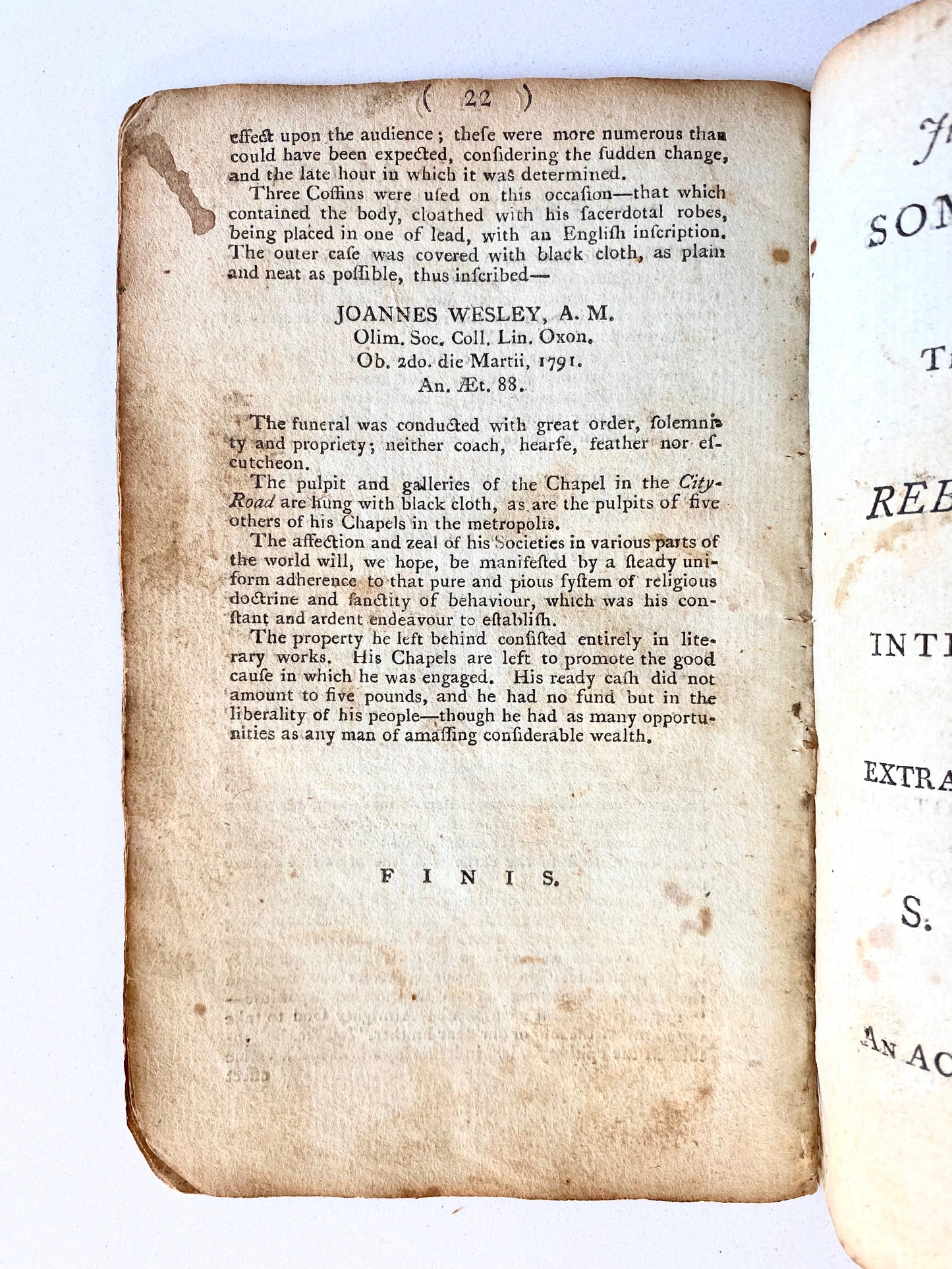 1791 JOHN WESLEY. Rare Irish Imprint Immediately Upon Wesley's Death. Account of the Sickness and Death of Wesley.