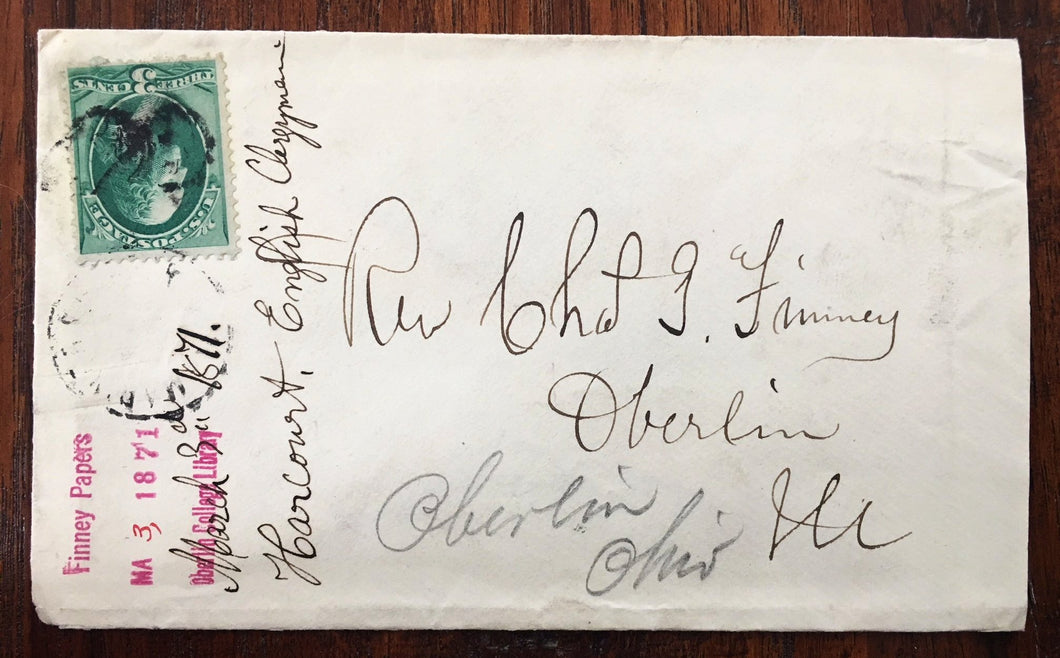 1871 Charles G. Finney. Rare Addressed, Docketed Enveloped in Hand of C. G. Finney