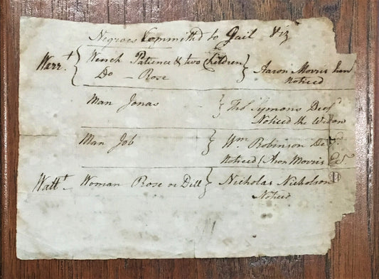 c.1800 RUNAWAY NEGROES. Rare Receipt for Runaway Negroes Committed to Jail