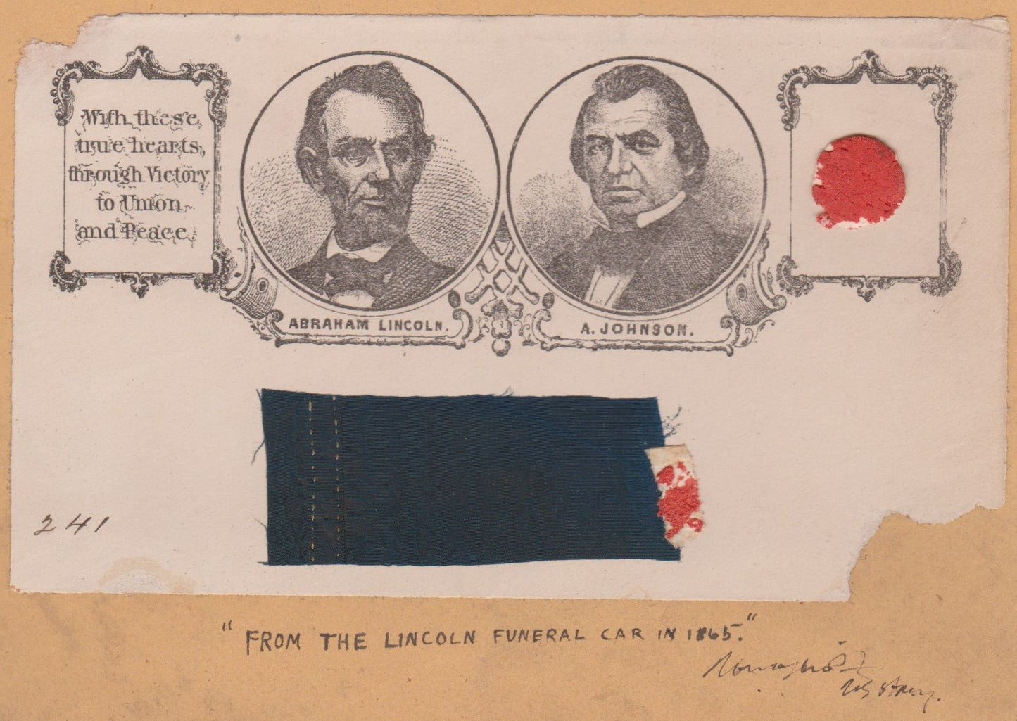 1865 ABRAHAM LINCOLN. Swatch of Mourning Cloth from Lincoln's Funeral Train