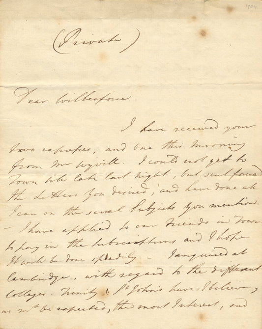 1782 WILLIAM WILBERFORCE. Historically Important Archive of 74pp of William Pitt Letters to William on Christianity, Slavery, and Politics!