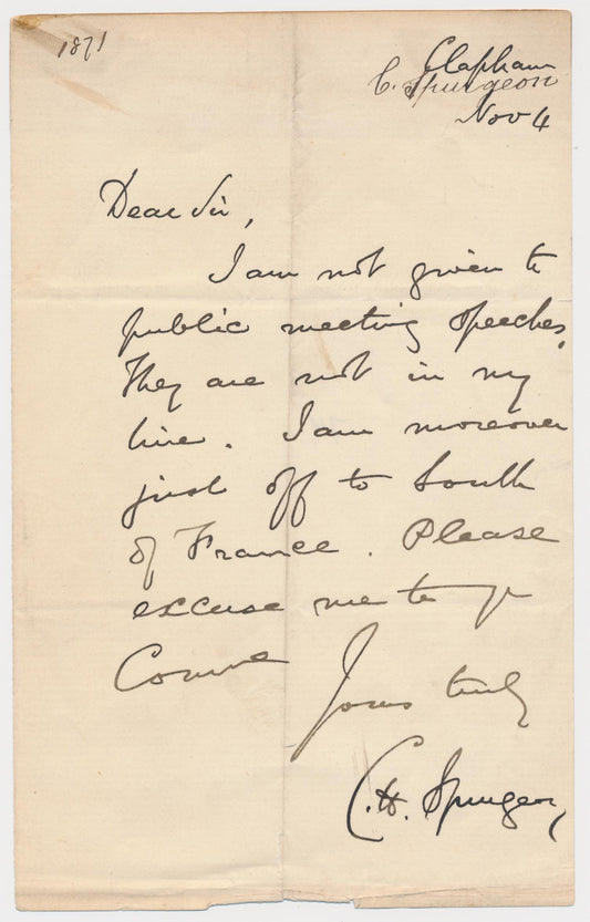 1888 C. H. SPURGEON. Autograph Letter from the Prince of Preachers. Can't Preach, Time to Relax in France!