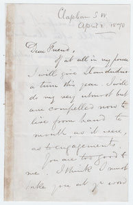 1870 C. H. SPURGEON. Autograph Letter Regarding His Approaching Burnout as a Pastor.