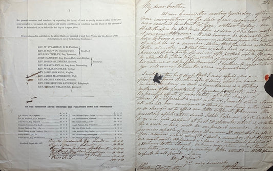 1827 PRIMITIVE BAPTIST. Important Prospectus & Letter Between Steadman & Kinghorn, Baptist Educators and William Carey Friends!