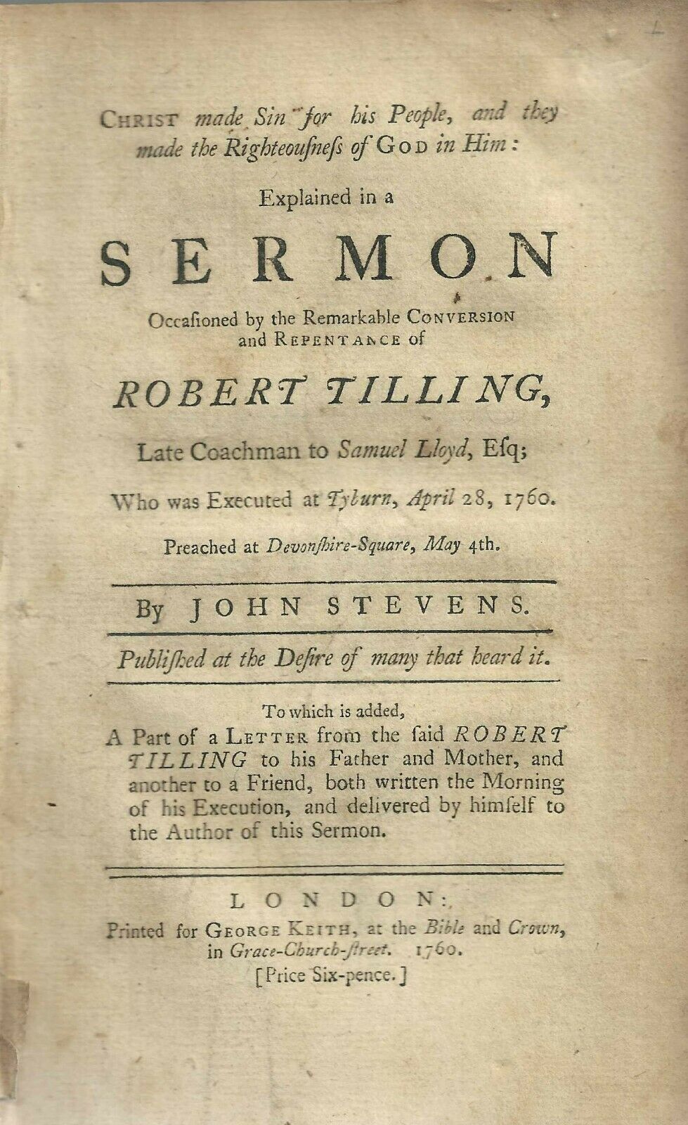 1760 JOHN STEVENS. Sermon Preached Upon the Execution of a Coachman, George Whitefield Present + 20,000 Listeners!