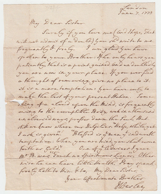 1773 JOHN WESLEY. Unpublished Letter Exhorting to Female Celibacy and Abstaining from Alcohol!