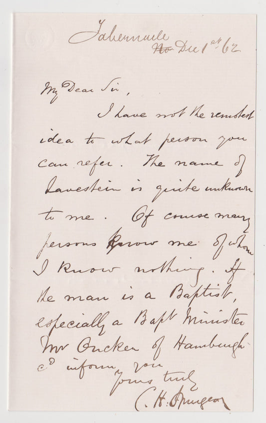 1862 C. H. SPURGEON. Very Early Autograph Letter Reflecting 6"Spurgeon Problems."